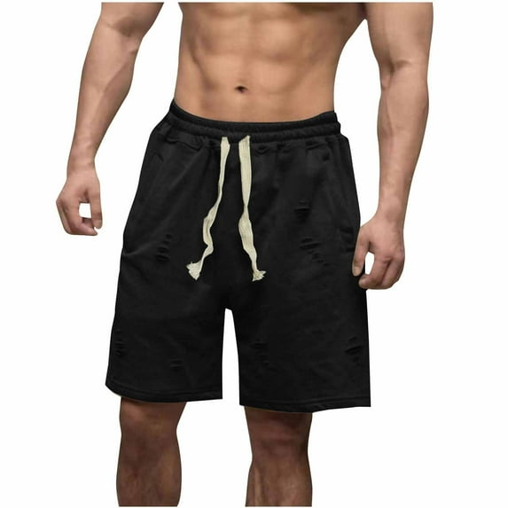 CQONEPT Man Short Pants Casual Summer Beach Drawstring Shorts Solid Color Ripped Breathable Outdoor Short Pants Black 3XL