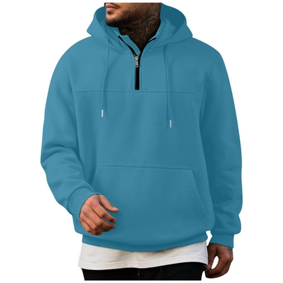 CQONEPT Men's 1/4 Zip Sweatshirts Drawstring Pullover Tops Fleece Hoodies Lounge Warm Hooded with Pockets Sky Blue 2XL