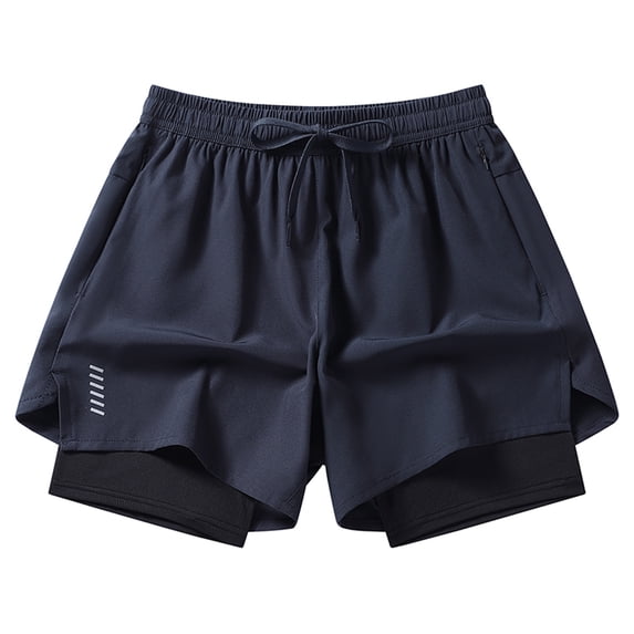 CQONEPT Men's 2 In 1 Trunks Athletic Running Quick Dry Compression Drawstring Short Stretchy Training Shorts Dark Blue L