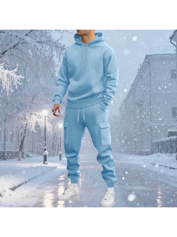 Men's 2 Piece Outfits Sweatshirt Joggers Hoodies Drawstring Sweatpants Casual Sweatsuit Sets with Pockets Light Blue 3XL