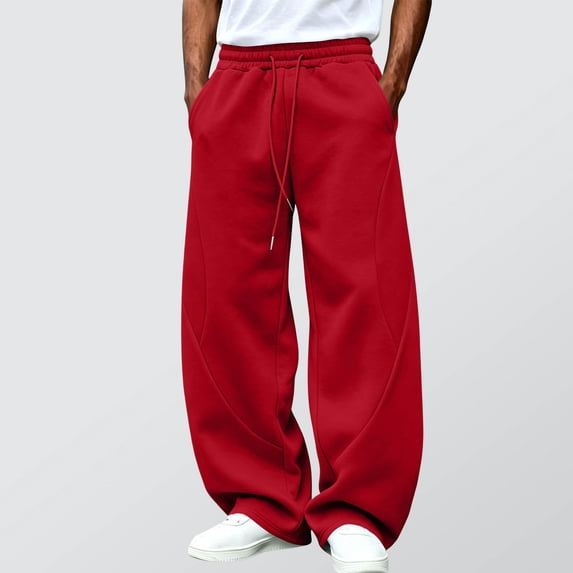 CQONEPT Men's Baggy Sweatpants Cotton Fleece Wide Leg Lounge Sweat Pants Drawstring Waist Jogging Pant with Pockets Red S