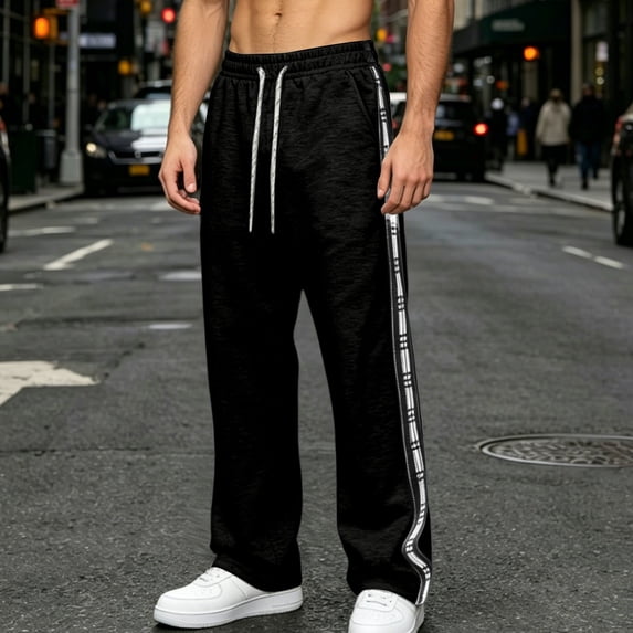 CQONEPT Men's Baggy Wide Leg Sweatpants Side Striped Casual Jogger Pant Drawstring Sport Track Pants with Pockets Black 2XL