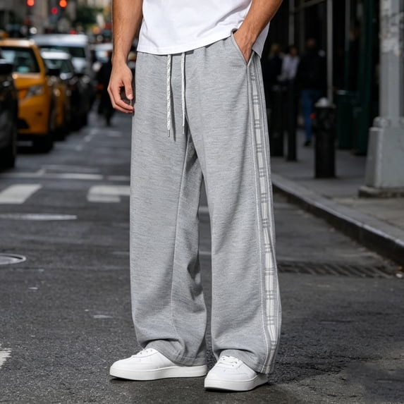 CQONEPT Men's Baggy Wide Leg Sweatpants Side Striped Casual Jogger Pant Drawstring Sport Track Pants with Pockets Gray 3XL