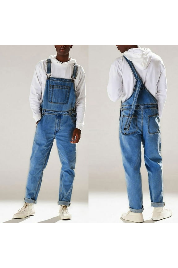 Men's Bib Overall Adjustable Strap Denim Jumpsuit Casual Loose Fit Workwear Outdoor Straight Leg Romper with Pockets Blue 3XL