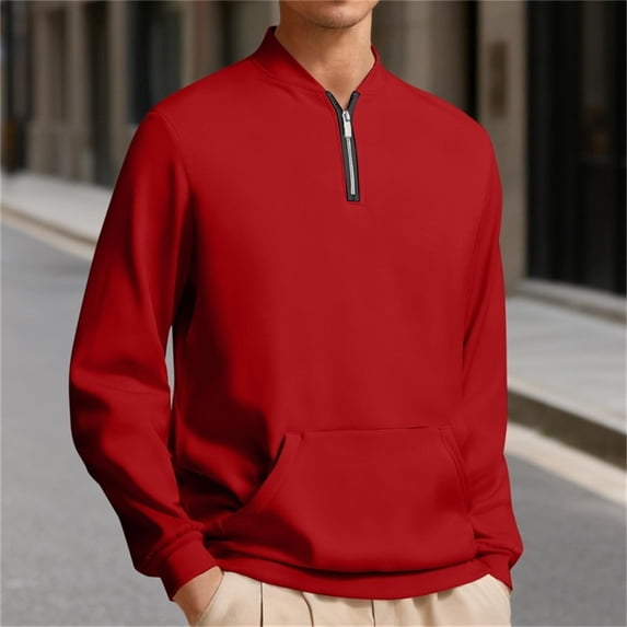 CQONEPT Men's Big and Tall 1/4 Sweatshirt Fall Fashion Casual Pullover Sweatshirts Sports Outdoor Winter Cloth with Kangaroo Pocket Red L