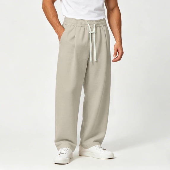 CQONEPT Men's Big and Tall Casual Pant Baggy Sweatpants Loose Fit Pants Wide Leg Pants Elastic Waist Trousers with Pockets Beige XL