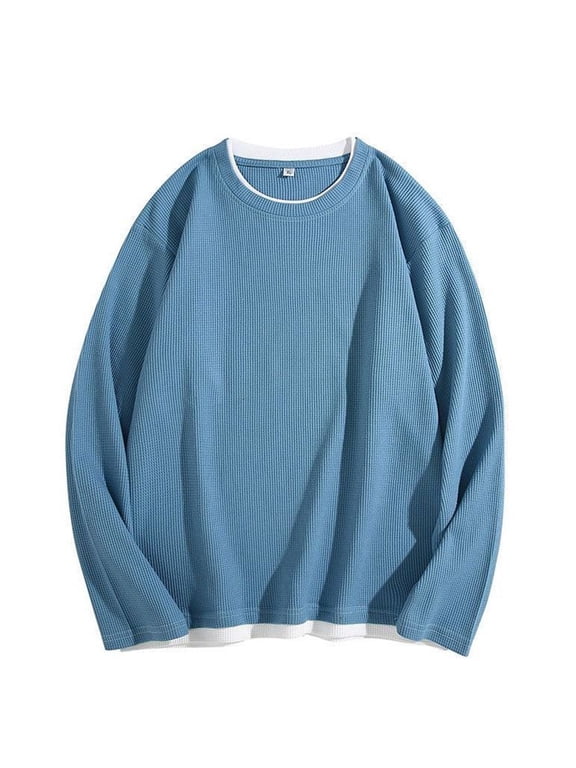 Men's Big and Tall Crewneck Pullover Shirts Casual Sweatshirt Textured T Shirt Long Sleeved Solid Color Outdoor Fashion Fall Winter Tops 3XL