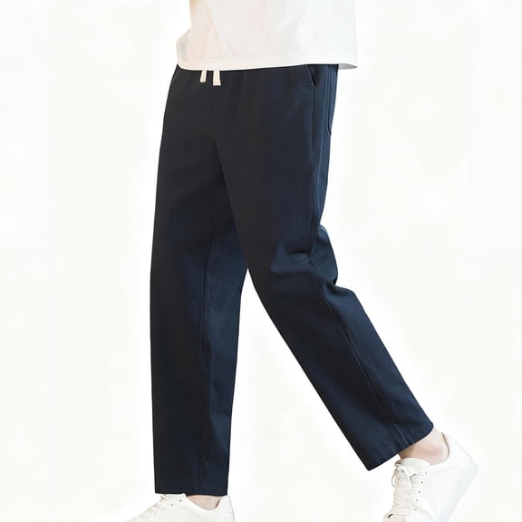 CQONEPT Men's Big and Tall Linen Cotto Pants Lounge Baggy Lightweight Pant Straight Leg Outdoor Trousers with Pockets Navy XL