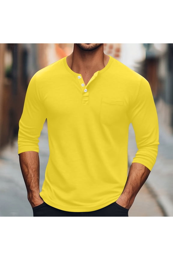 Men's Big and Tall Long Sleeve Shirts Button Henley Neck Tunic Tops Casual Fall Fashion Pullover Tops Yellow L