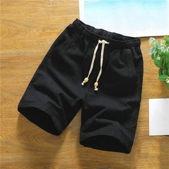 CQONEPT Men's Big and Tall Short Pants Drawstring Casual Shorts Linen Lightweight Summer Pants with Pockets Black 4XL