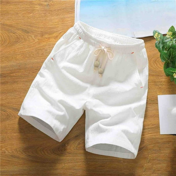 CQONEPT Men's Big and Tall Short Pants Drawstring Casual Shorts Linen Lightweight Summer Pants with Pockets White 4XL
