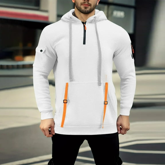 CQONEPT Men's Big and Tall Sweatshirts Drawstring Hoodies 1/4 Zip Winter Pullover Hooded with Multi Pocket White 4XL