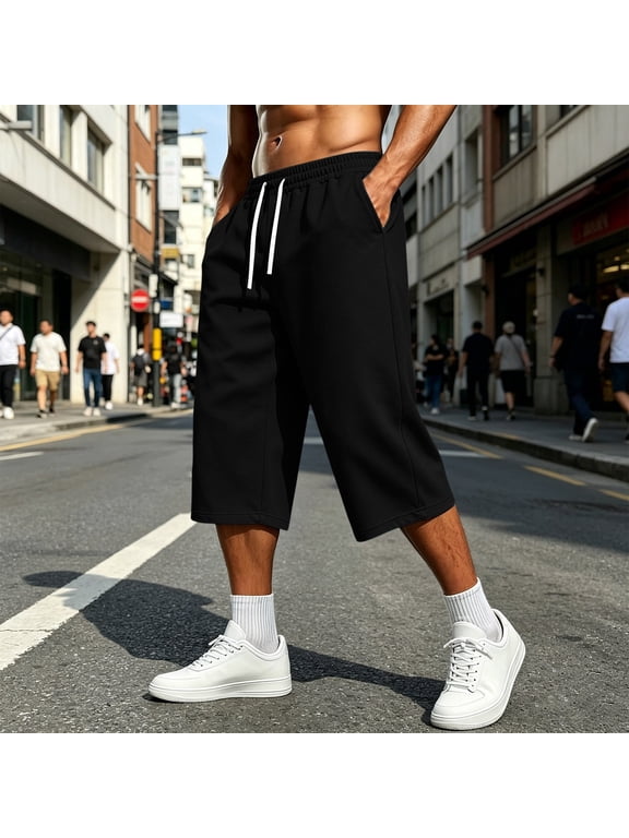 Men's Capri Sweatpants Baggy Below Knee Summer Cropped Shorts Elastic Waist Athletic Casual Drawstring Pants Black XL