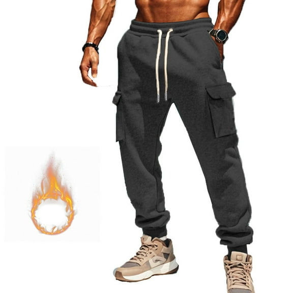 CQONEPT Men's Cargo Pants Casual Loose Fleece Lined Sweatpants Drawstring Athletic Tactical Pant with Multi Pockets Dark Gray S