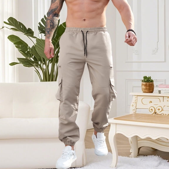 CQONEPT Men's Cargo Pants Casual Tapered Pants Drawstring Loose Fit Elastic Waisted Tactical Pants with Multi Pockets Khaki 2XL