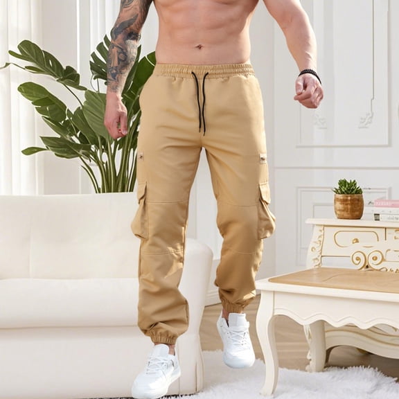 CQONEPT Men's Cargo Pants Casual Tapered Pants Drawstring Loose Fit Elastic Waisted Tactical Pants with Multi Pockets Yellow 2XL