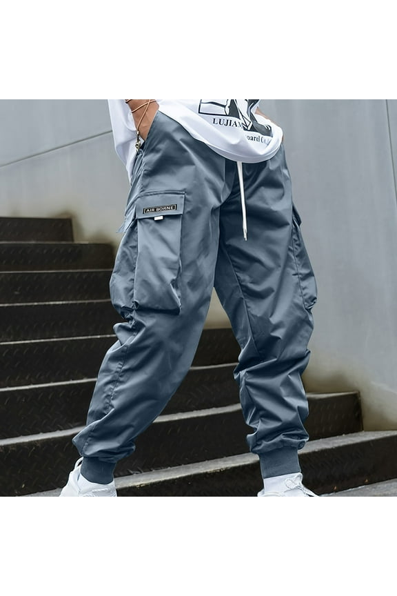 Men's Cargo Pants Drawstring Elastic Waisted Tapered Casual Pant Loose Fit Drawstring Y2K Trousers with Multi Pockets Blue L