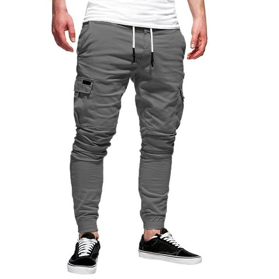CQONEPT Men's Cargo Pants Loungewear Drawstring Skinny Leg Pant Tighting Fiting Tapered Outdoor Trousers with Pockets Dark Gray L