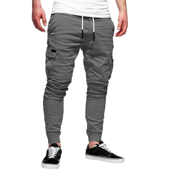 CQONEPT Men's Cargo Pants Loungewear Drawstring Skinny Leg Pant Tighting Fiting Tapered Outdoor Trousers with Pockets Dark Gray M