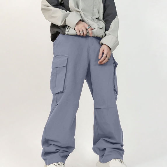 CQONEPT Men's Cargo Pants Wide Leg Casual Running Baggy Pants Fashion Outdoor Streetwear Trousers with Multi Pockets Blue M