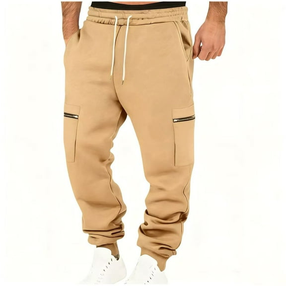 CQONEPT Men's Cargo Pants with 4 Pockets Drawstring Athletic Running Pant Outdoor Jogger Pant with Multi Pockets Khaki L