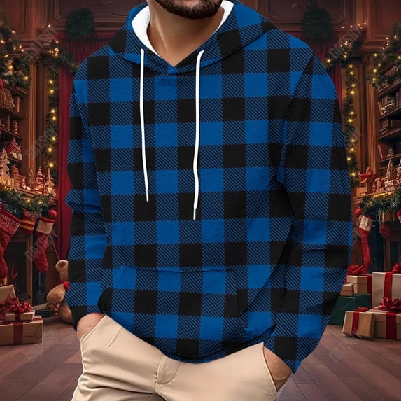 CQONEPT Men's Casual Hooded Plaid Pullover Tops Drawstring Hoodies Outdoor Winter Sweatshirts Blue XL