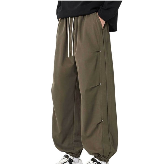 CQONEPT Men's Casual Pants Drawstring Baggy Elastic Waist Tapered Pant Stretch Fashion Streetwear Pant with Pockets Army Green 2XL