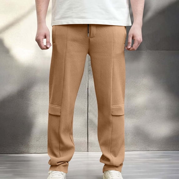 CQONEPT Men's Corduroy Pants Elastic Waist Drawstring Pant Casual Loose Solid Outdoor Workouts Trousers with Pockets Khaki 2XL