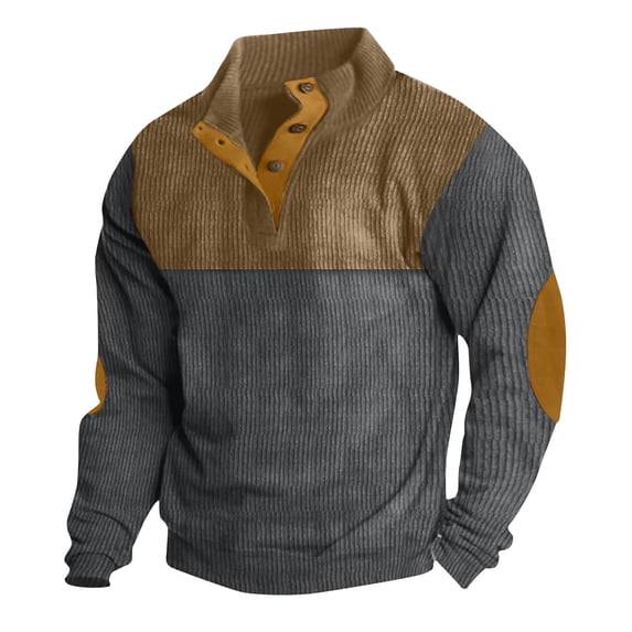 CQONEPT Men's Corduroy Pullover Tops Warm Winter Long Sleeve Tops Color Block Casual Outdoor Tunic Tops Gray S