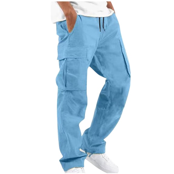 CQONEPT Men's Cotton Cargo Pants Drawstrings Elastic Waisted Casual Streetwear Pant Loose Fit Straight Leg Trousers with Pockets Blue XXXL