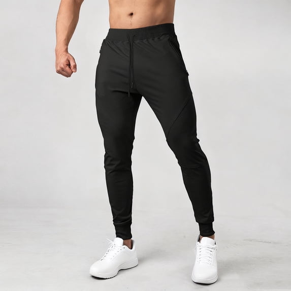 CQONEPT Men's Cotton Pants with Zipper Pockets Workouts Skinny Leg Drawstring Pant Sports Athletic Running Active Trousers Black M