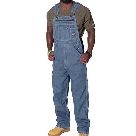 CQONEPT Men's Denim Bib Overall Adjustable Strap Jumpsuit Casual Loose Fit Workwear Skinny Leg Romper with Pockets Light Blue XL