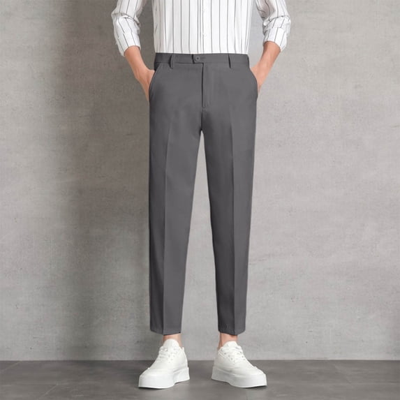 CQONEPT Men's Dress Pant Pleated Linen Suit Pants High Waist Straight Leg Business Casual Trousers with Pockets Dark Gray S