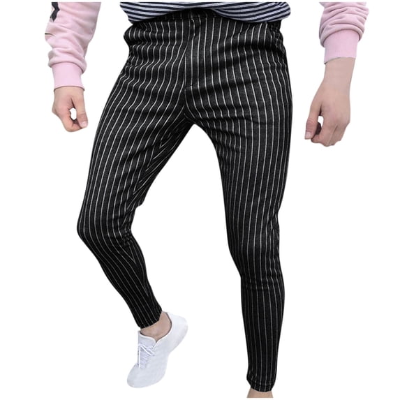CQONEPT Men's Dress Pants Skinny Leg Slimming Striped Pants Business Casual Office Slacks Pant with Pockets Black L