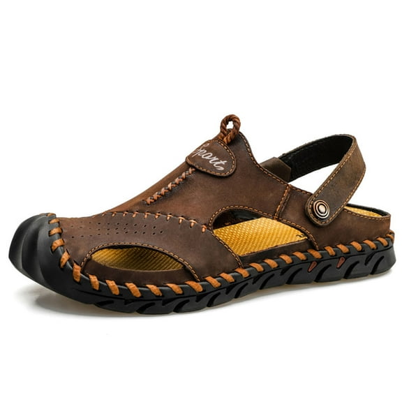 CQONEPT Men's Handmade Faux-Leather Fisherman Sandals - Closed Toe Slip-On Breathable Design with Non-Slip Sole Summer Outdoor Beach Shoes for Hiking & Casual 2-Way Wear Coffee Size 6.5
