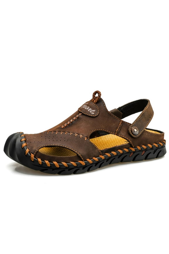 Men's Handmade Faux-Leather Fisherman Sandals - Closed Toe Slip-On Breathable Design with Non-Slip Sole Summer Outdoor Beach Shoes for Hiking & Casual 2-Way Wear Coffee Size 11