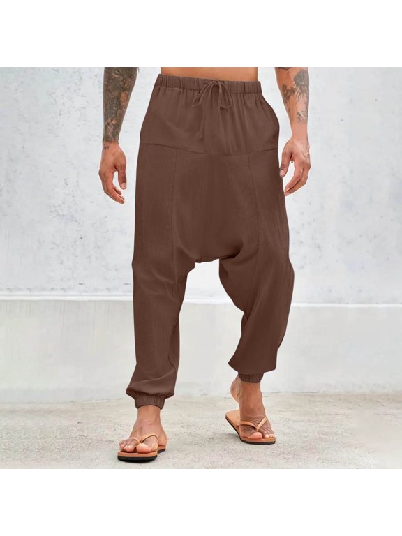 Men's Harem Pants Elastic Waist Drawstring Pants Baggy Lightweight Streetwear Summer Beach Trousers Coffee M