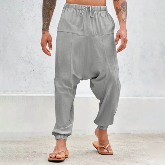 CQONEPT Men's Harem Pants Elastic Waist Drawstring Pants Baggy Lightweight Streetwear Summer Beach Trousers Gray 3XL