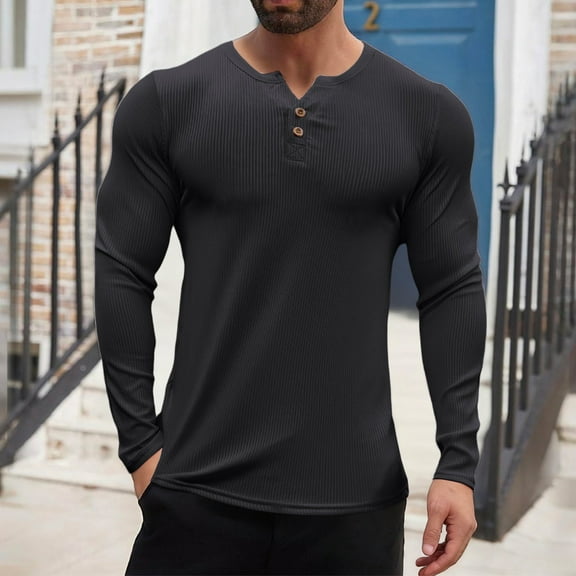 CQONEPT Men's Henley Blouse Lapel Neck Bottom Pullover Tops Long Sleeve Tops Casual Athletic Tunic Tops Black S