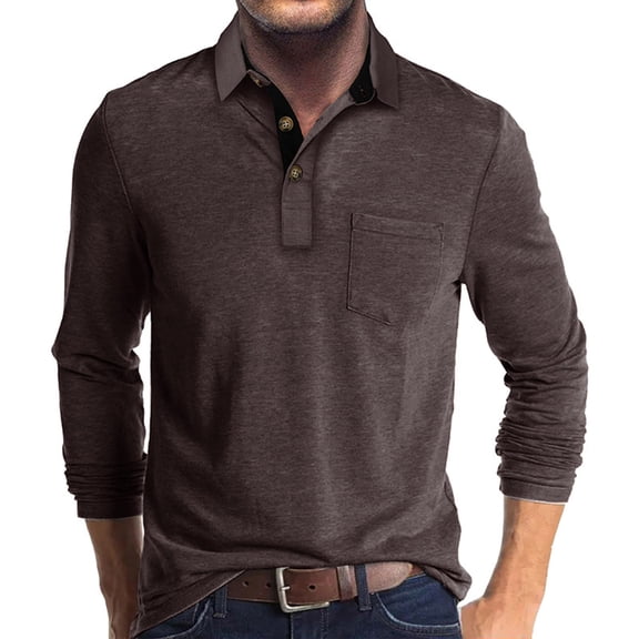 CQONEPT Men's Henley Blouse Long Sleeve Shirts Casual Office Slacks Tunic Tops Lightweight Solid Clothes Coffee 3XLL