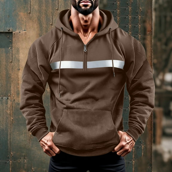 CQONEPT Men's Hi Vis Sweatshirts Tactical 1/4 Zip Pullover Tops Drawstring Winter Clothes with Pockets Brown L