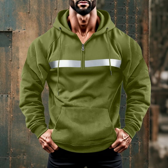 CQONEPT Men's Hi Vis Sweatshirts Tactical 1/4 Zip Pullover Tops Drawstring Winter Clothes with Pockets Green 2XL