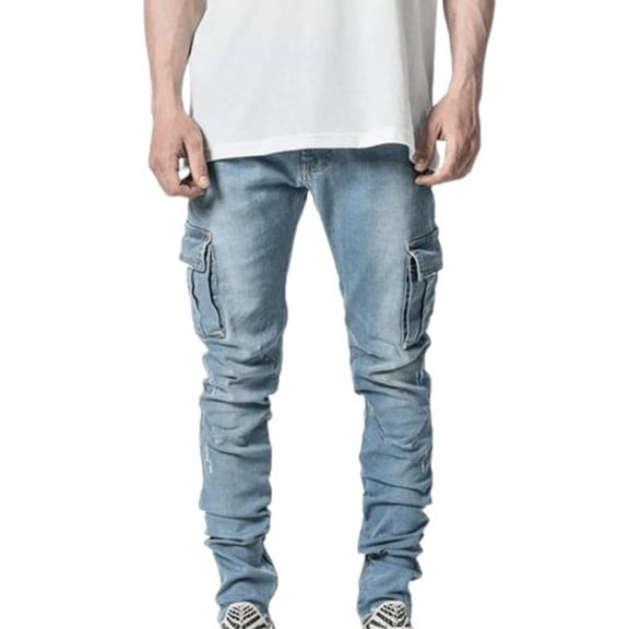 CQONEPT Men's Jean Casual Loose Fit Y2K Skinny Leg Denim Pant Streetwear Slim Fit Trendy Pants with Multi Pockets Blue XXL
