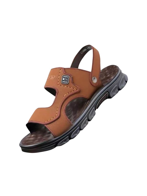 Men's Leather Slip-On Sandals Retro Two-Strap Buckle Design Anti-Slip Sole Comfortable Casual Slides for Walking Beach Indoor & Outdoor Brown Size 9.5