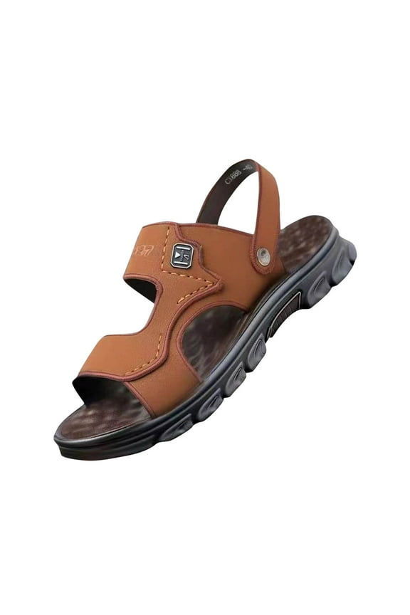 Men's Leather Slip-On Sandals Retro Two-Strap Buckle Design Anti-Slip Sole Comfortable Casual Slides for Walking Beach Indoor & Outdoor Brown Size 7