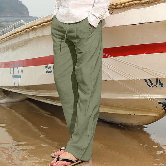 CQONEPT Men's Linen Cotton Pants Drawstring Baggy Lounge Big and Tall Pant Elastic Waisted Lightweight Y2k Trousers with Pockets Army Green XXXXXL