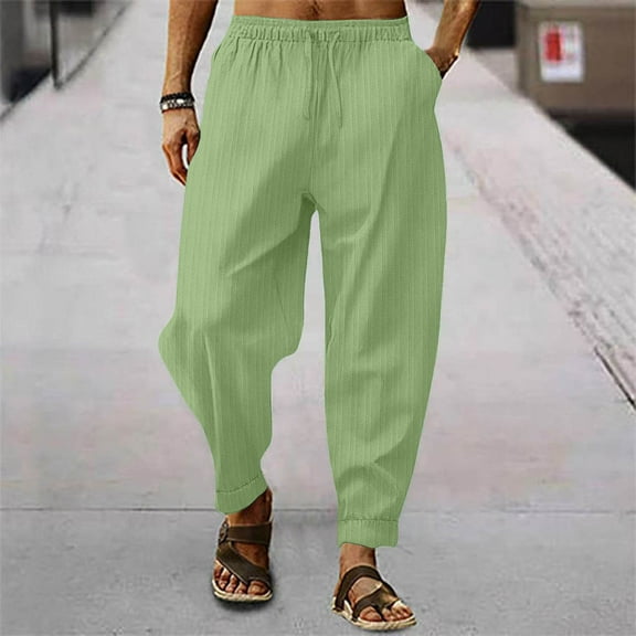 CQONEPT Men's Linen Cotton Pants Lightweight Lounge Loose Fit Tapered Pants Drawstring Trendy Trousers with Pockets Mint Green XL