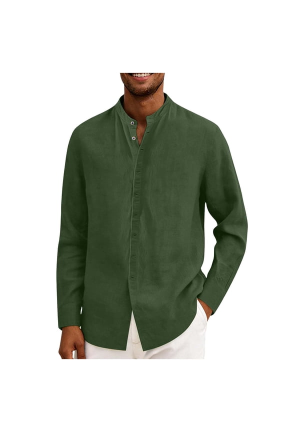 Men's Long Sleeve Stand Collar Top Casual Linen Open Front Button Down Shirts for Spring Army Green 2XL