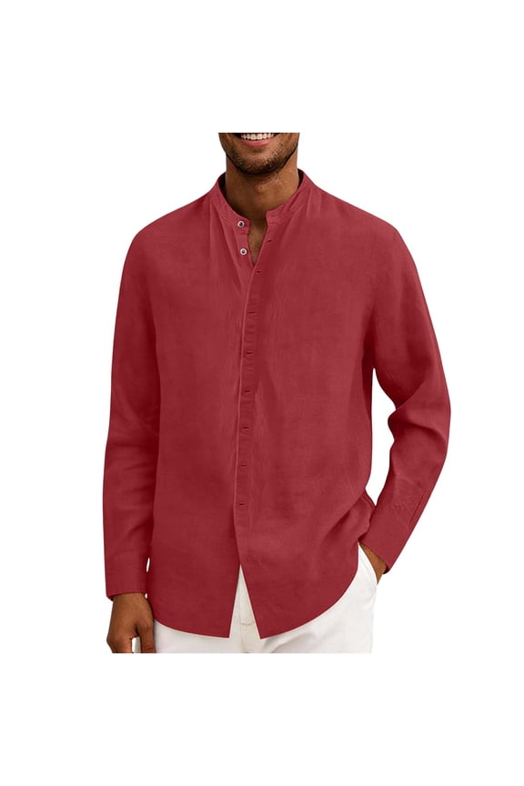 Men's Long Sleeve Stand Collar Top Casual Linen Open Front Button Down Shirts for Spring Red 2XL