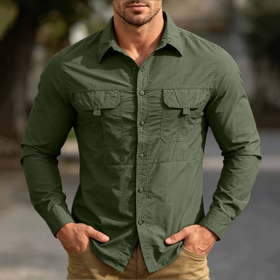 CQONEPT Men's Long Sleeve Tactical Shirt Ripstop UPF 50+ Top Breathable Button Down Outdoor Hiking Clothes with Pockets Army Green 4XL